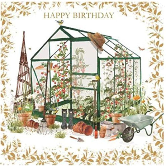 NQ Gardening Greenhouse Gold Foil Finish birthday greeting card with floral and plant illustrations on a white background