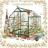 NQ Gardening Greenhouse Gold Foil Finish birthday greeting card with floral and plant illustrations on a white background