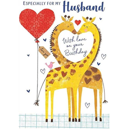 Heart balloon giraffes husband birthday greeting card by NQ featuring cute giraffes holding heart-shaped balloons.