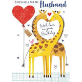 Heart balloon giraffes husband birthday greeting card by NQ featuring cute giraffes holding heart-shaped balloons.