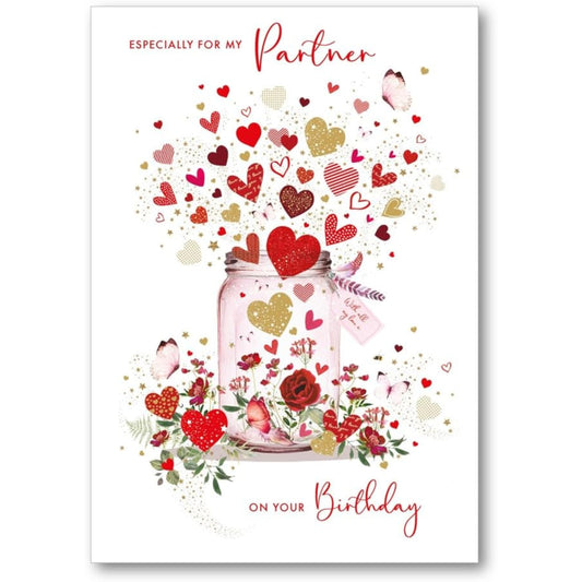 NQ Love Hearts Foil Partner Birthday Card featuring colorful heart designs and romantic message on a greeting card.