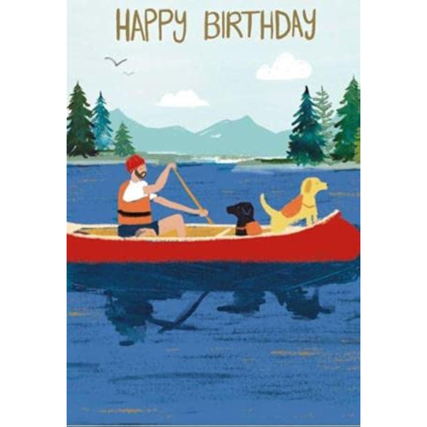 NQ greeting card featuring a man and dogs in a canoe, perfect for birthday wishes, with colorful, cheerful illustration.