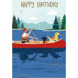 NQ greeting card featuring a man and dogs in a canoe, perfect for birthday wishes, with colorful, cheerful illustration.