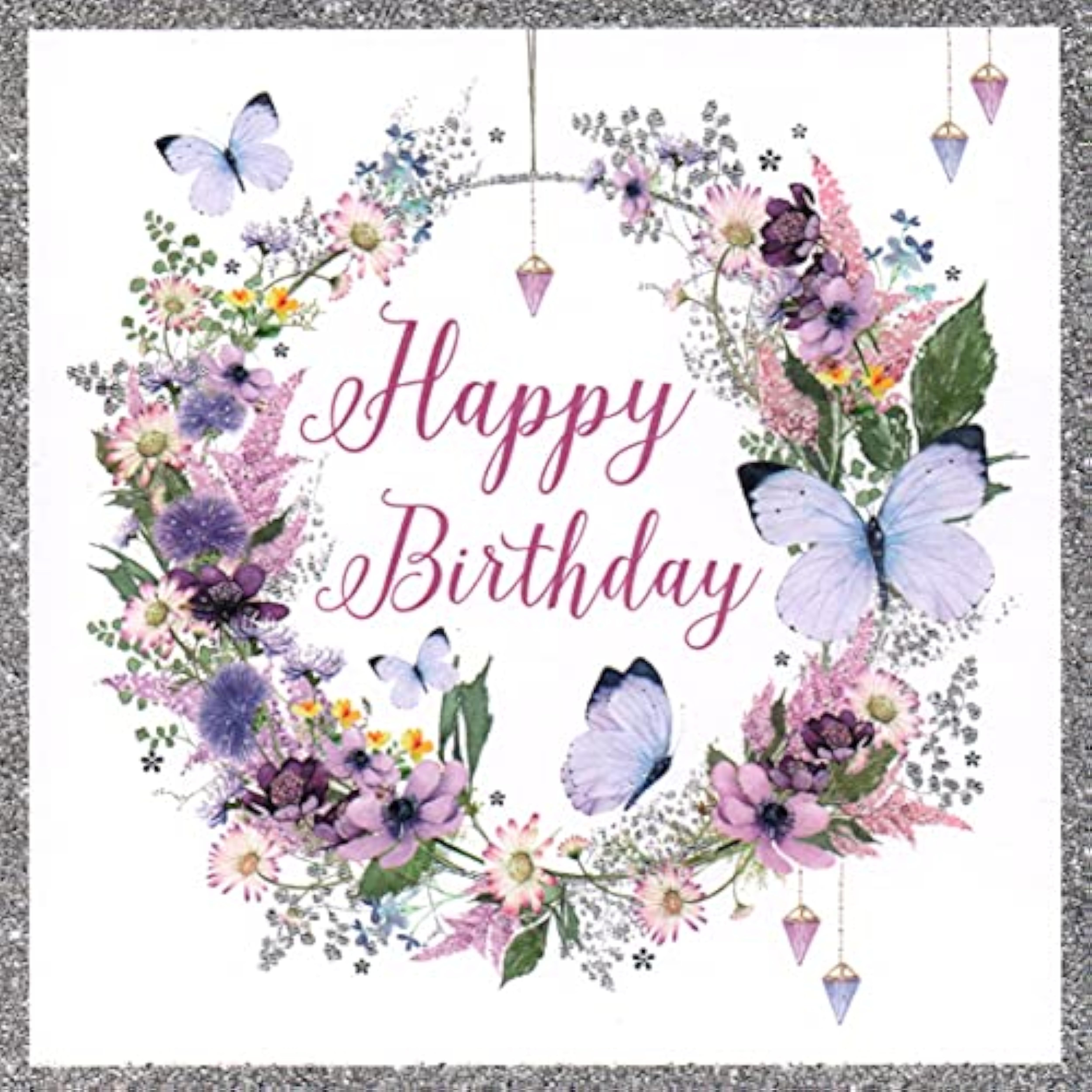 NQ Pretty floral and butterfly birthday greeting card with colorful floral hoop design and delicate butterfly illustrations.