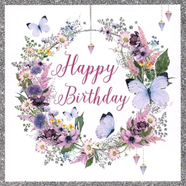 NQ Pretty floral and butterfly birthday greeting card with colorful floral hoop design and delicate butterfly illustrations.