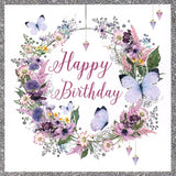 NQ Pretty floral and butterfly birthday greeting card with colorful floral hoop design and delicate butterfly illustrations.