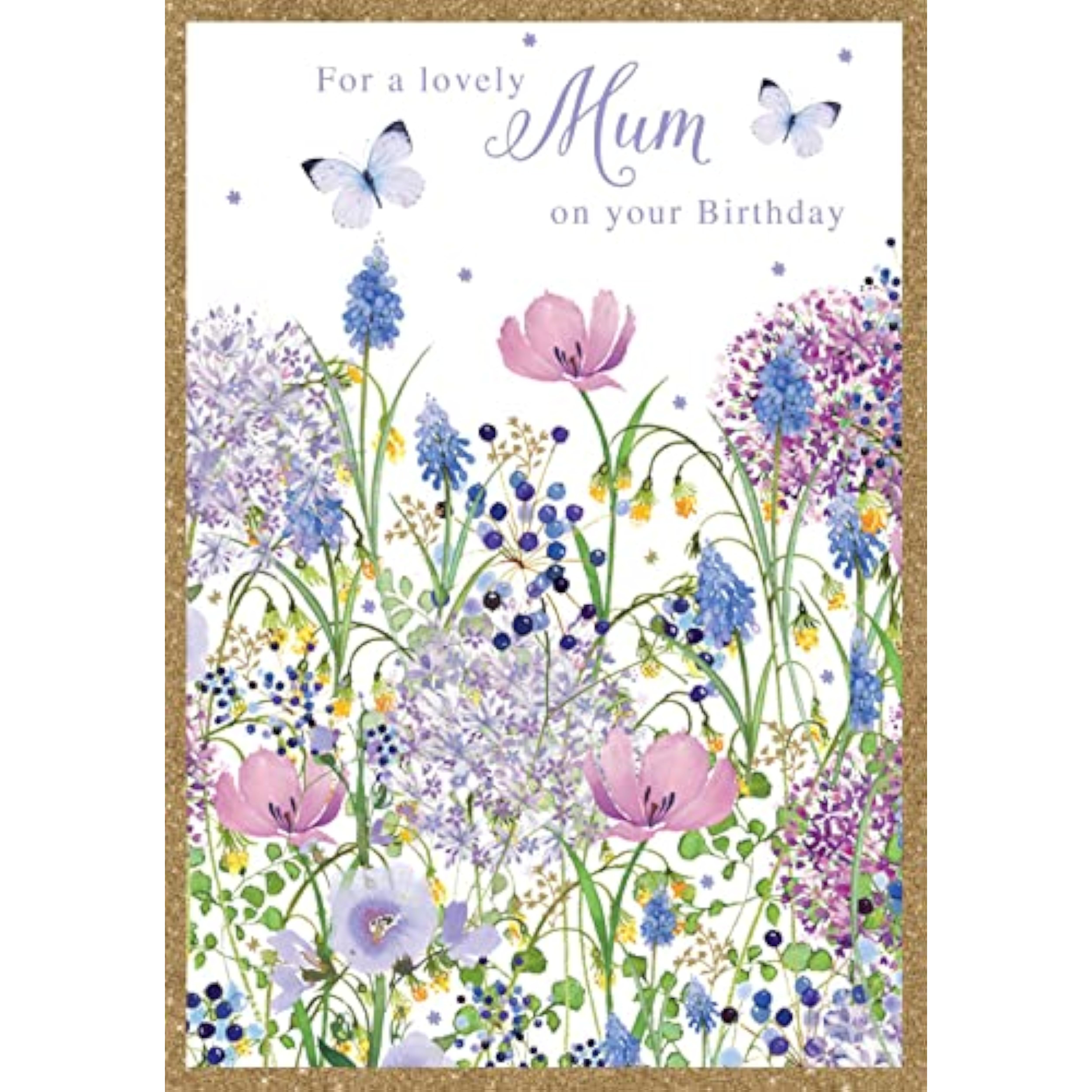 Purple flowers and butterflies on NQ greeting card for birthdays, featuring vibrant floral and butterfly illustrations.