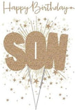 NQ Sparklers Stars Son birthday greeting card with colorful star designs and cheerful message, perfect for celebrating a special occasion.