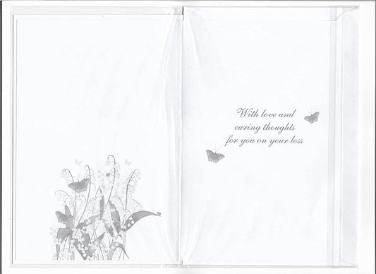 NQ sympathy greeting card featuring butterflies and Lily of the Valley floral design, suitable for expressing condolences.
