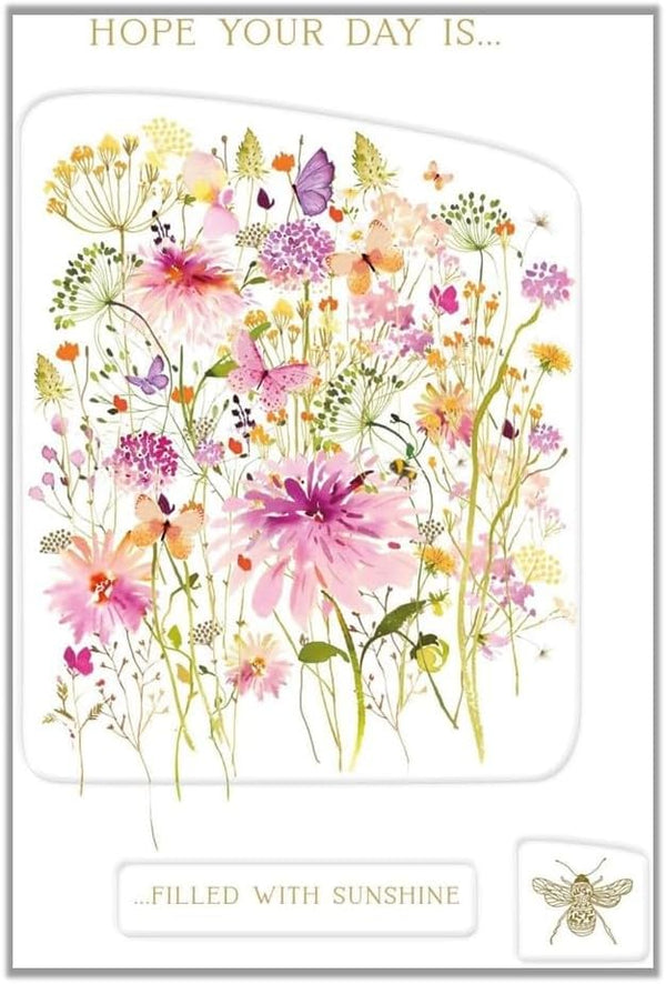 Pink embossed meadow flowers on watercolor greeting card with "Happy Birthday" message, by NQ.