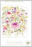 Pink embossed meadow flowers on watercolor greeting card with "Happy Birthday" message, by NQ.