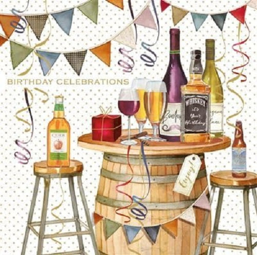 NQ wine, beer, whiskey birthday greeting card with festive design and colorful illustrations for celebrating special occasions.