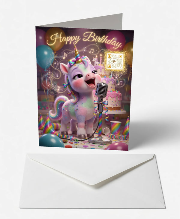 Scanimate | Birthday Card | Magical Singing Unicorn Design | Interactive QR Song | With Envelope | Happy Birthday Greeting Card | Kids/Her/Him