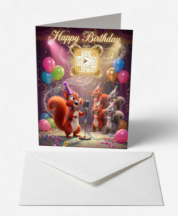 Scanimate | Birthday Card | Nutty Squirrel Singers Design | Interactive QR Song | With Envelope | Happy Birthday Greeting Card | Her/Him