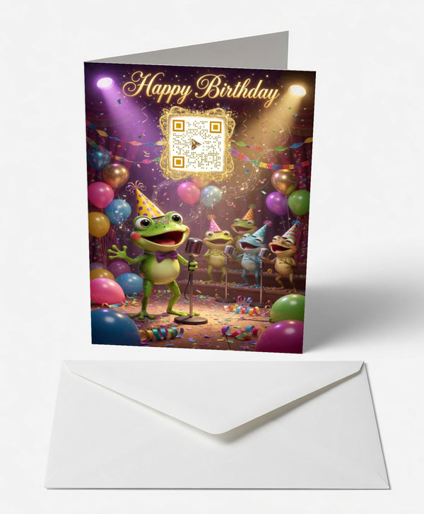 Scanimate | Birthday Card | Festive Frog Chorus Design | Interactive QR Song | With Envelope | Happy Birthday Greeting Card | Her/Him