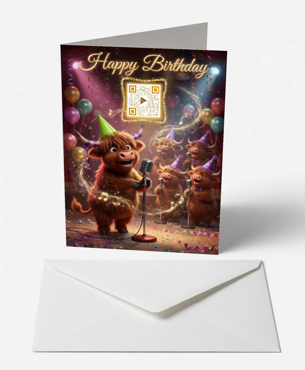 Scanimate | Birthday Card | Harmonious Highland Cow Design | Interactive QR Song | With Envelope | Happy Birthday Greeting Card | Him/Boys/Men