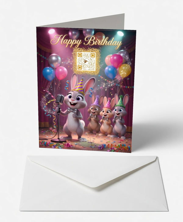 Scanimate | Birthday Card | Bouncing Bunny Band Design | Interactive QR Song | With Envelope | Happy Birthday Greeting Card | Kids/Her/Him