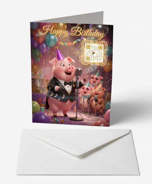 Scanimate | Birthday Card | Dapper Crooning Pig Design | Interactive QR Song | With Envelope | Happy Birthday Greeting Card | Her/Him