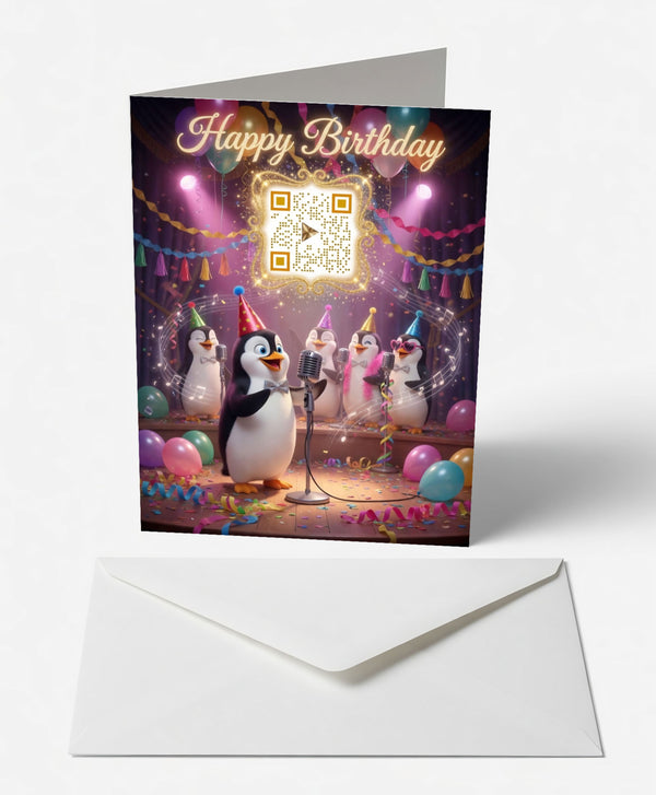 Scanimate | Birthday Card | Dapper Penguin Chorus Design | Interactive QR Song | With Envelope | Happy Birthday Greeting Card | Her/Him
