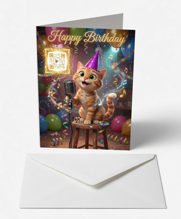 Scanimate | Birthday Card | Purr-fect Singing Tabby Cat Design | Interactive QR Song | With Envelope | Happy Birthday Greeting Card | Her/Him
