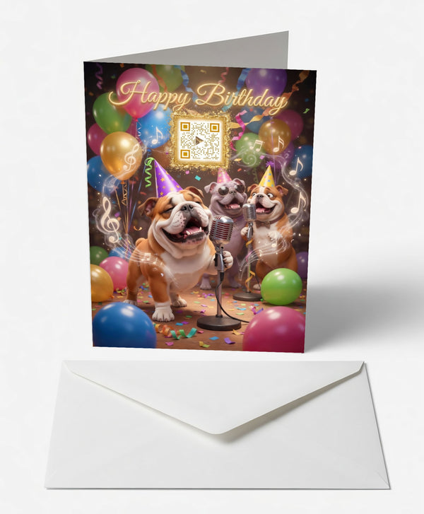 Scanimate | Birthday Card | Rockin' Bulldog Band Design | Interactive QR Song | With Envelope | Happy Birthday Greeting Card | Him/Boys/Men