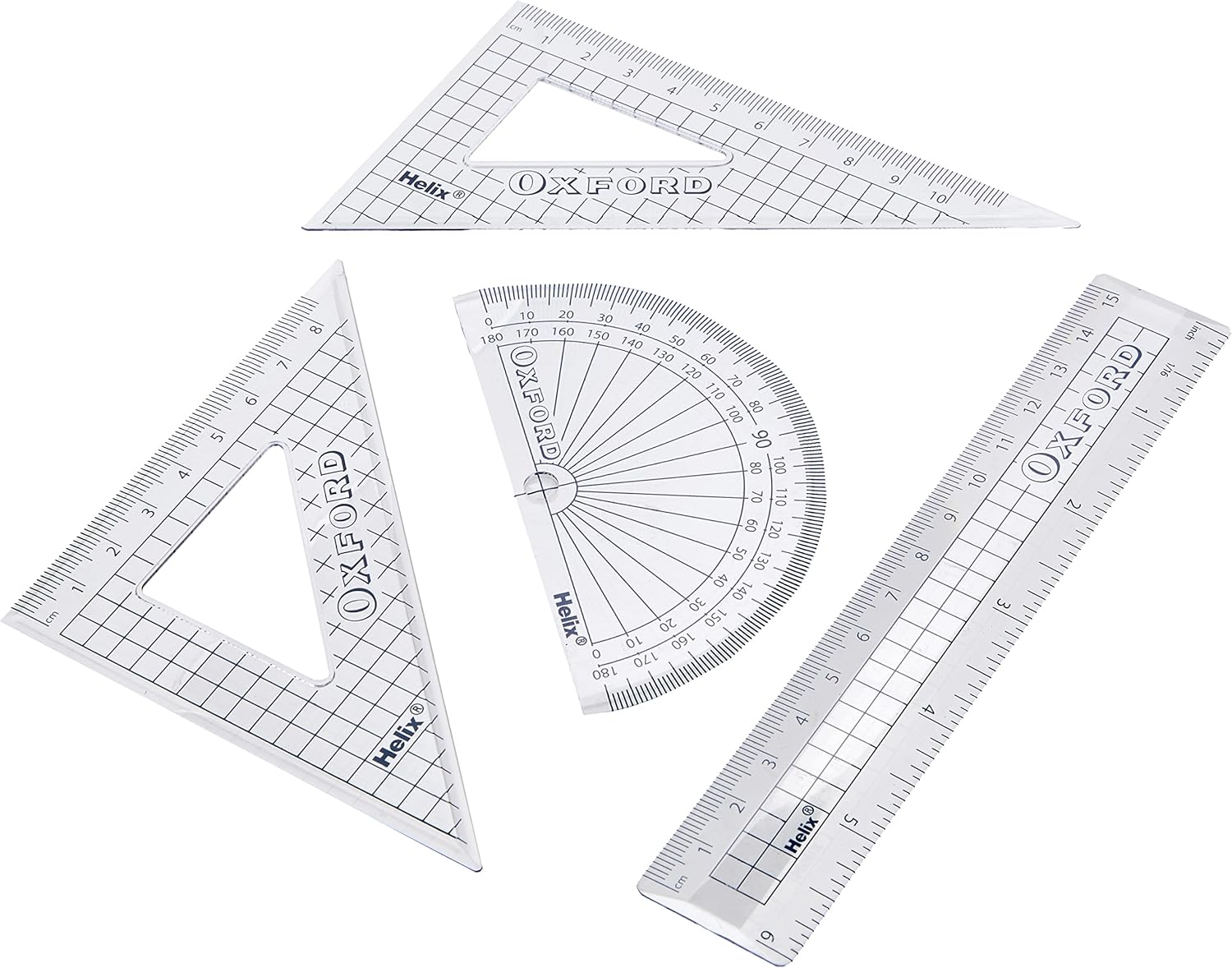 Oxford 15cm drafting set with rulers, compasses, and drawing tools arranged on a white background.