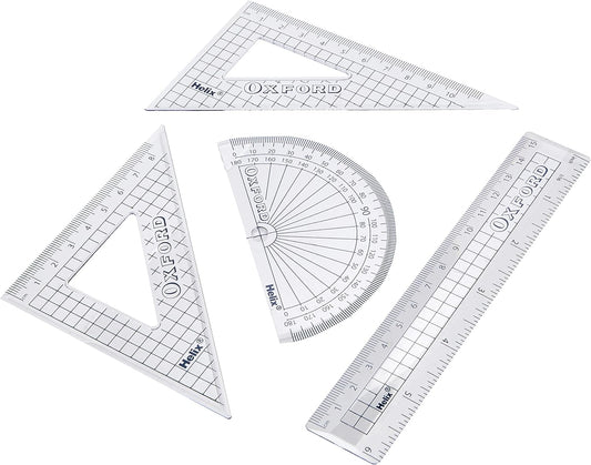 Oxford 15cm drafting set with rulers, compasses, and drawing tools arranged on a white background.