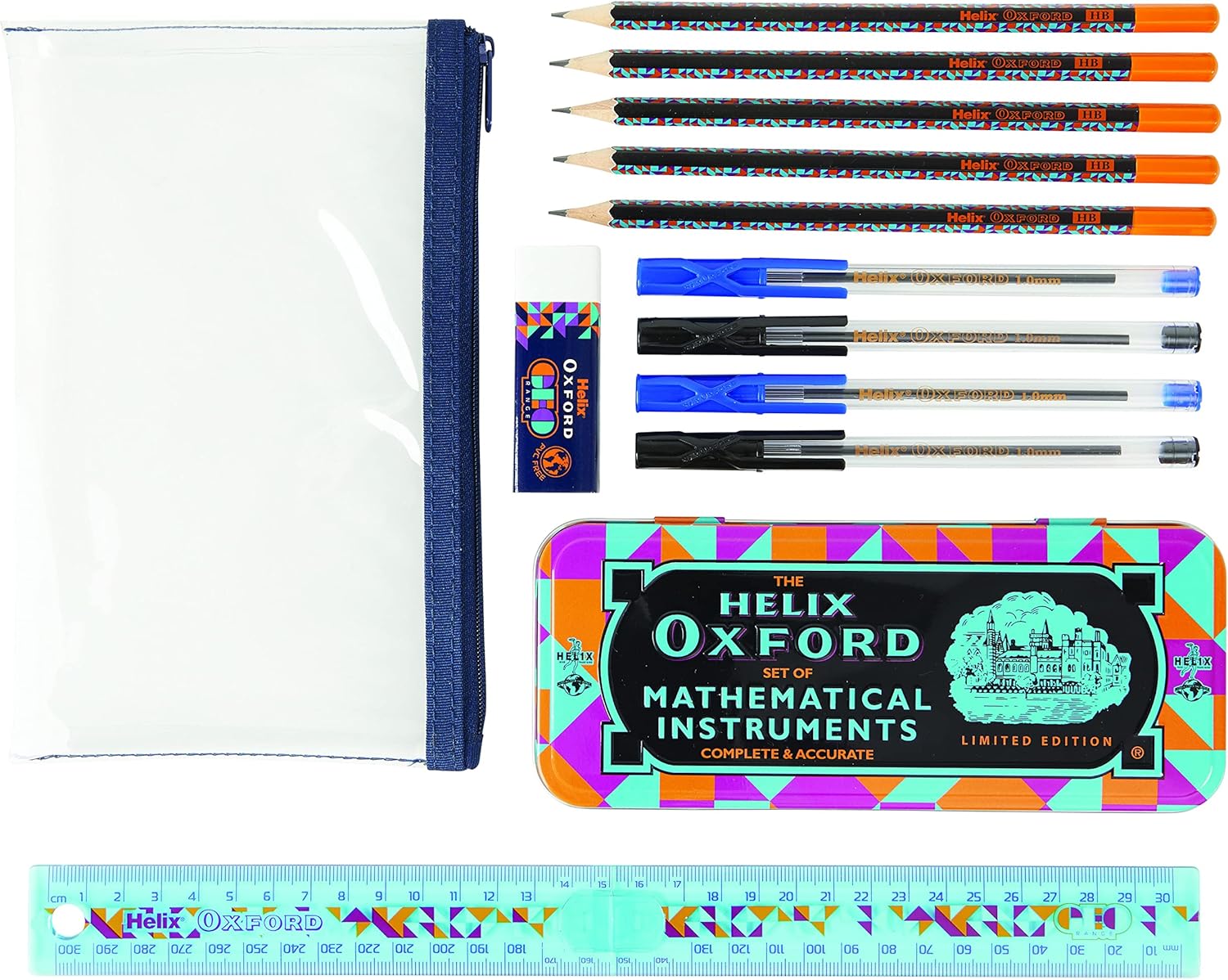 Oxford GEO bulk pack of orange stationery supplies, showing a variety of colorful pens and markers in the pack.