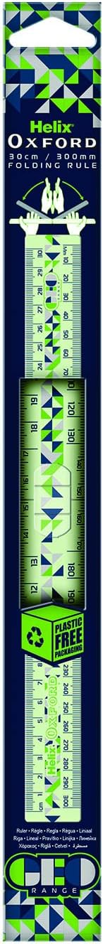 Oxford GEO Folding Rule in green, showing the metal tape extended with measurement markings visible.