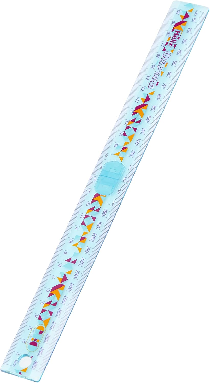 Orange Oxford GEO folding ruler extended, showing measurement markings on a clear plastic and metal construction.