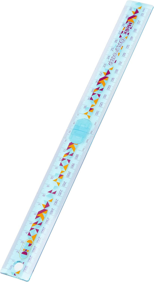 Orange Oxford GEO folding ruler extended, showing measurement markings on a clear plastic and metal construction.