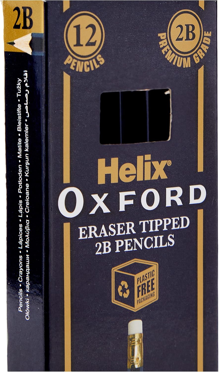 Pack of 12 Oxford Helix Oxford 2B graphite pencils with eraser tips, ideal for writing and sketching.