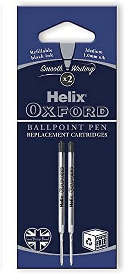 Two Oxford Helix Oxford ballpoint pen refills with black ink, showcasing the sleek refill design for easy replacement.
