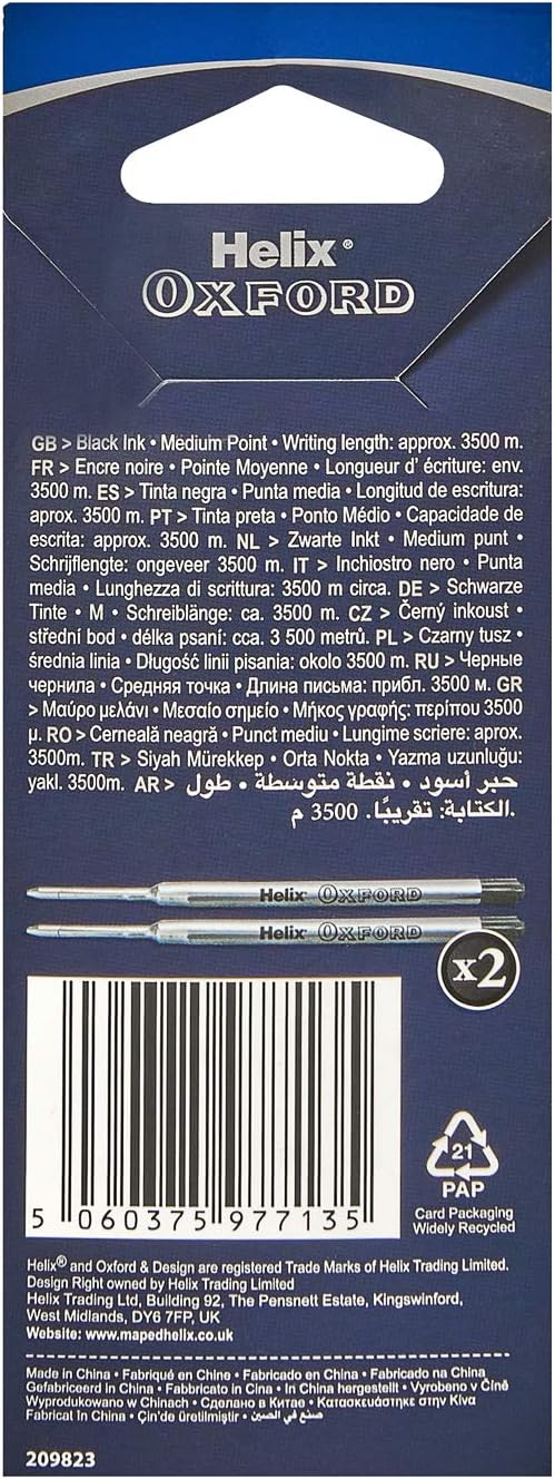 Two Oxford Helix Oxford Ballpoint Pen Refills with black ink, shown in a close-up image.