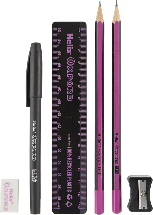 Pink Helix Oxford Eco Student Set with pens, pencils, and accessories in a compact case, designed for students.