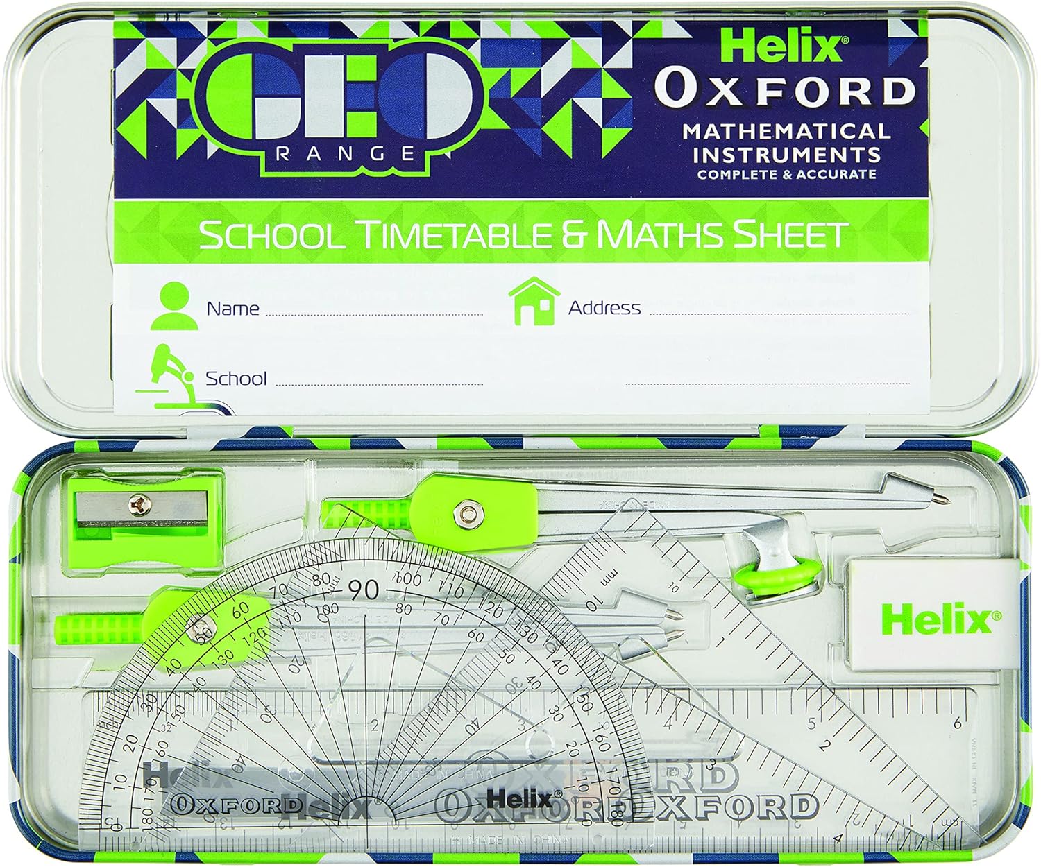 Oxford Helix Oxford Geo Maths Set in green with rulers, compasses, and pencils for geometry and math activities.