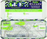 Oxford Helix Oxford Geo Maths Set in green with rulers, compasses, and pencils for geometry and math activities.