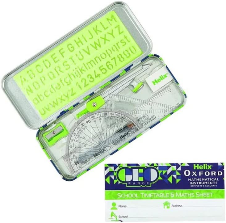 Green Helix Oxford Geo Maths Set with rulers, compasses, and tools for geometry and math activities.