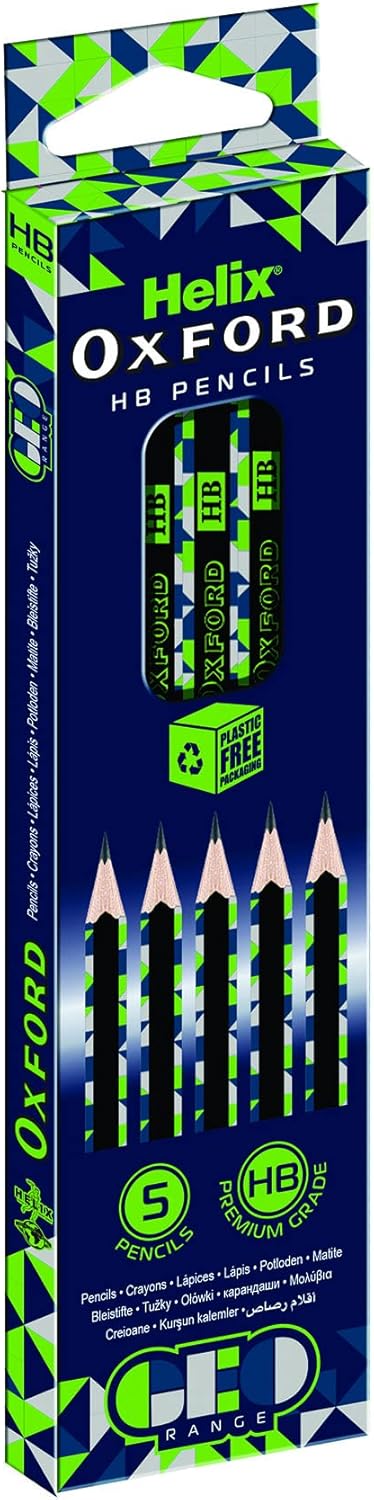Set of five Oxford Helix Oxford Geo Pack green HB pencils with geometric design, suitable for writing and drawing.
