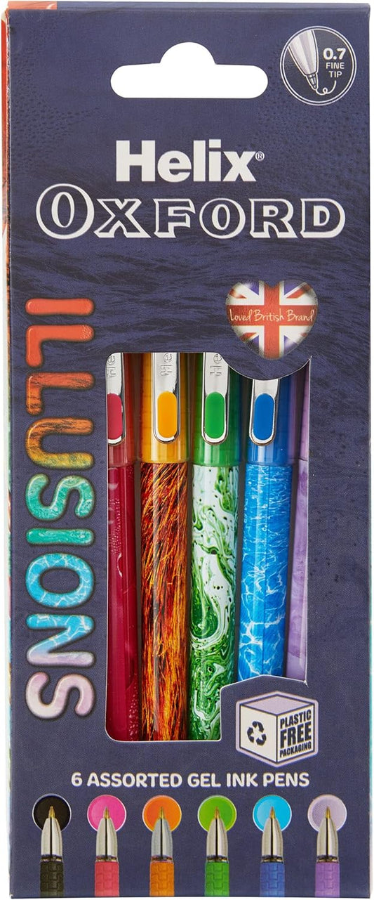 Set of six Oxford Illusions Ink Pens with colorful ink barrels and fine tips, ideal for detailed writing and artistic projects.
