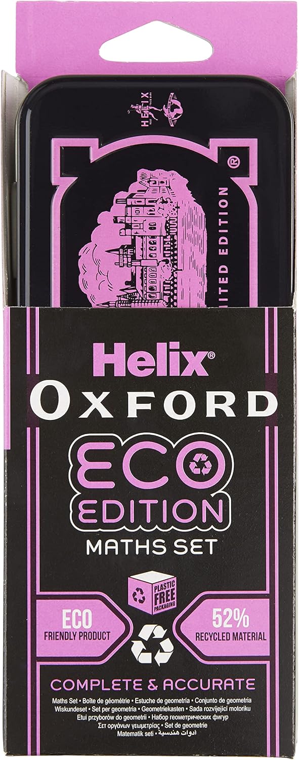 Oxford ECO Maths Set in pink, includes ruler, protractor, and other school supplies, designed for students' math learning.