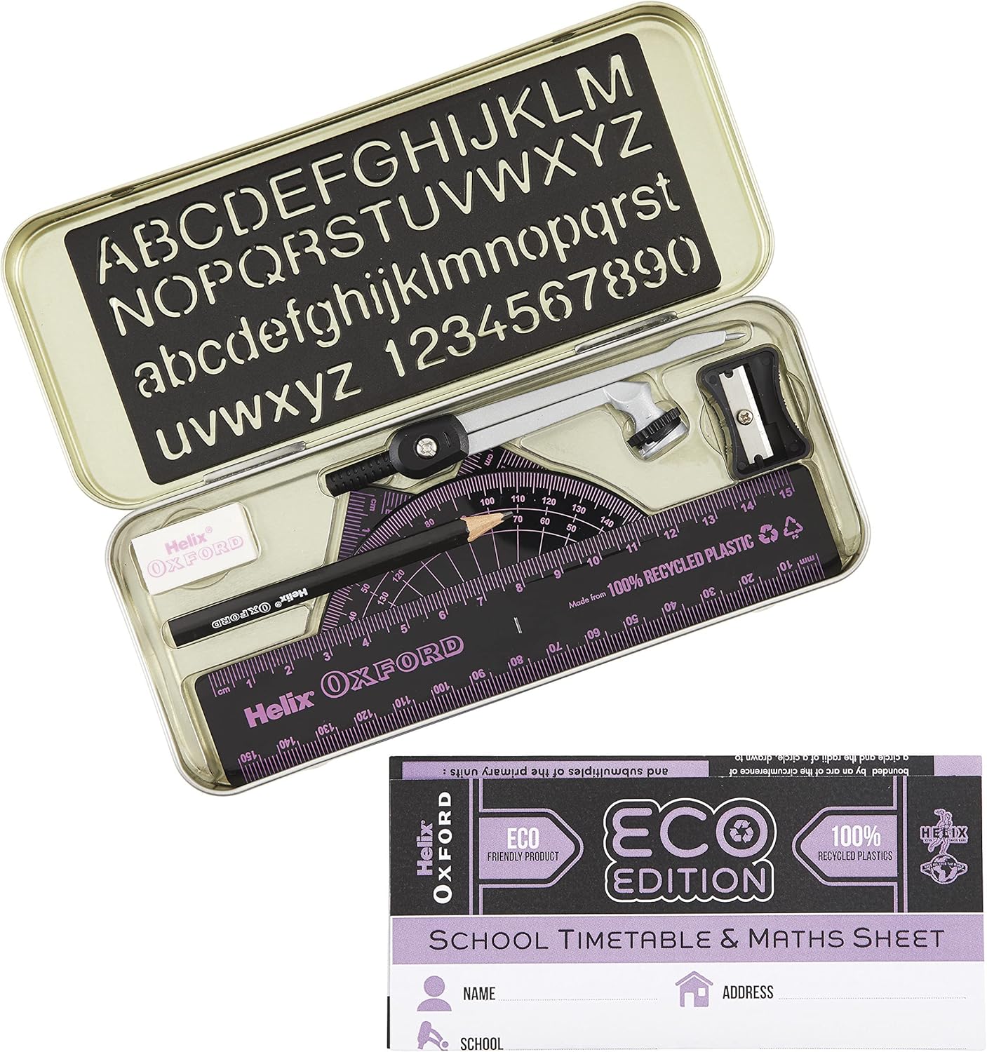 Pink Oxford ECO Maths Set with rulers, compasses, and stationery for students, designed for online learning.
