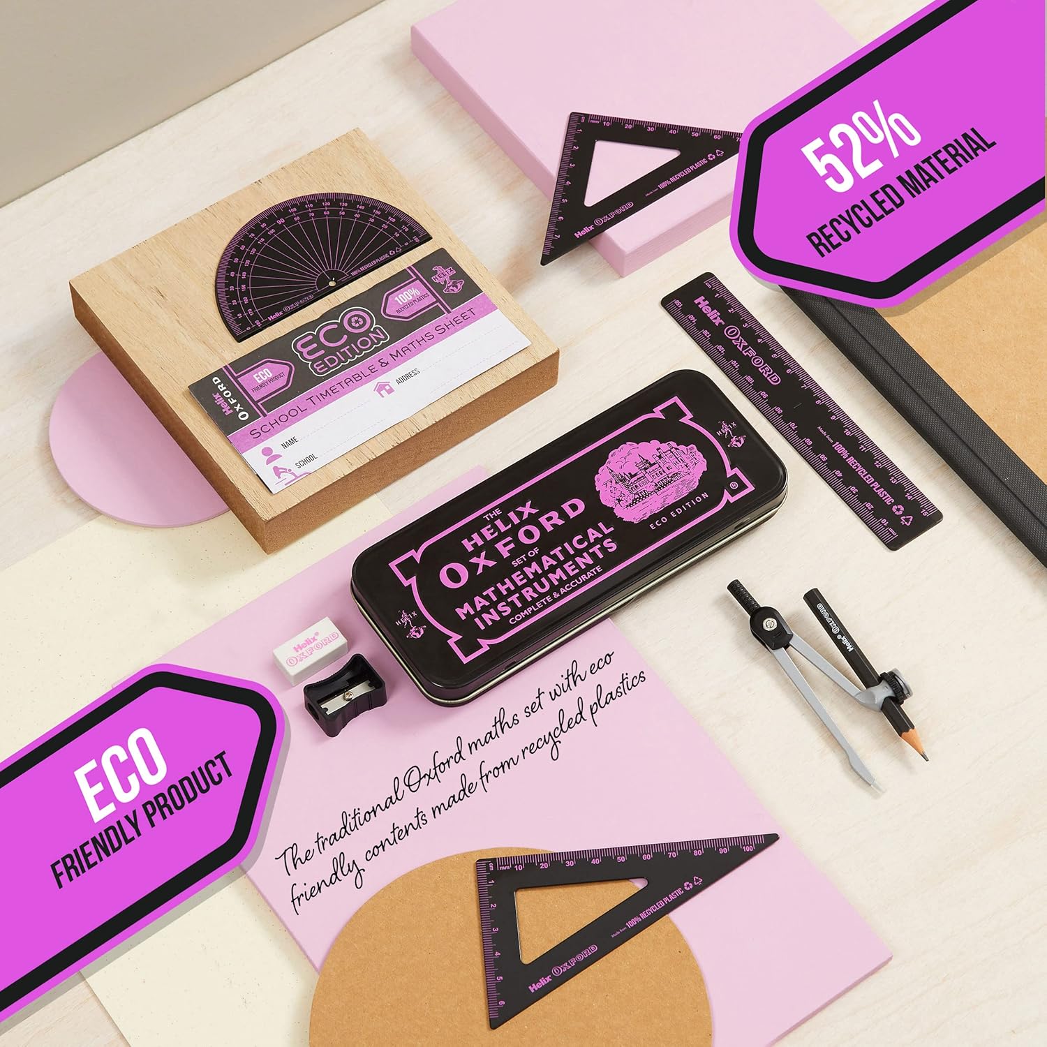 Pink Oxford ECO Maths Set for online learning, includes pencils, ruler, and calculator, ideal for students' math activities.