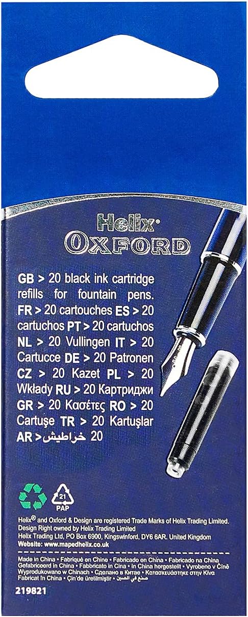 Pack of 20 Oxford Helix black ink cartridges for compatible printers, shown in the image with product packaging.