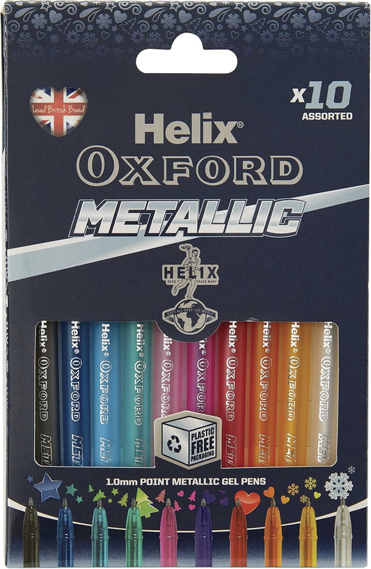 Set of 10 Oxford metallic colour pens displayed with vibrant, shiny ink colors in a clear container.