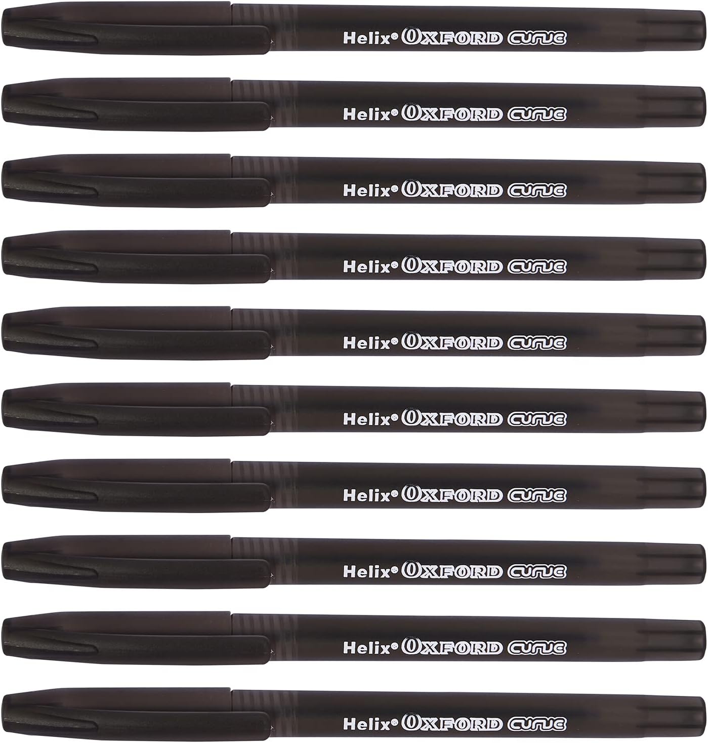 Set of 10 Oxford black writing curve pens displayed together, featuring sleek design and smooth ink flow for everyday writing.