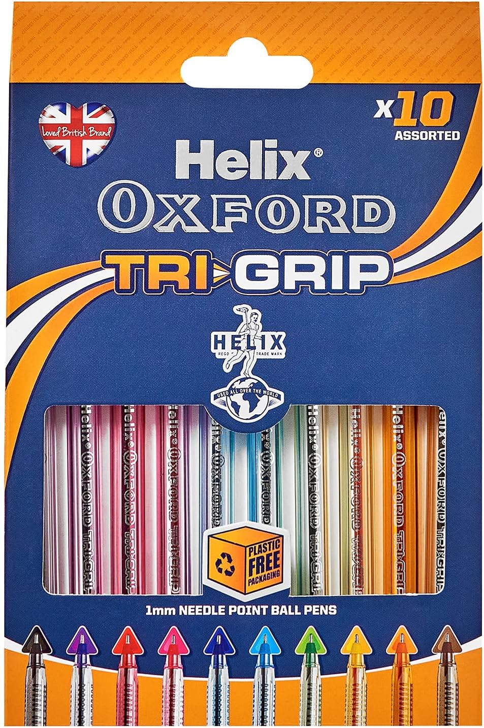 Set of 10 Oxford Trigrip writing pens in assorted colors with ergonomic grip design for smooth writing.