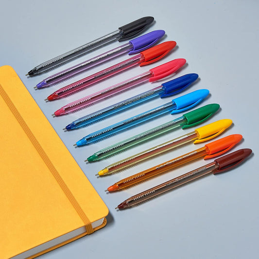 Assorted Oxford Trigrip pens in various colors, featuring ergonomic grip design, arranged on a white background.