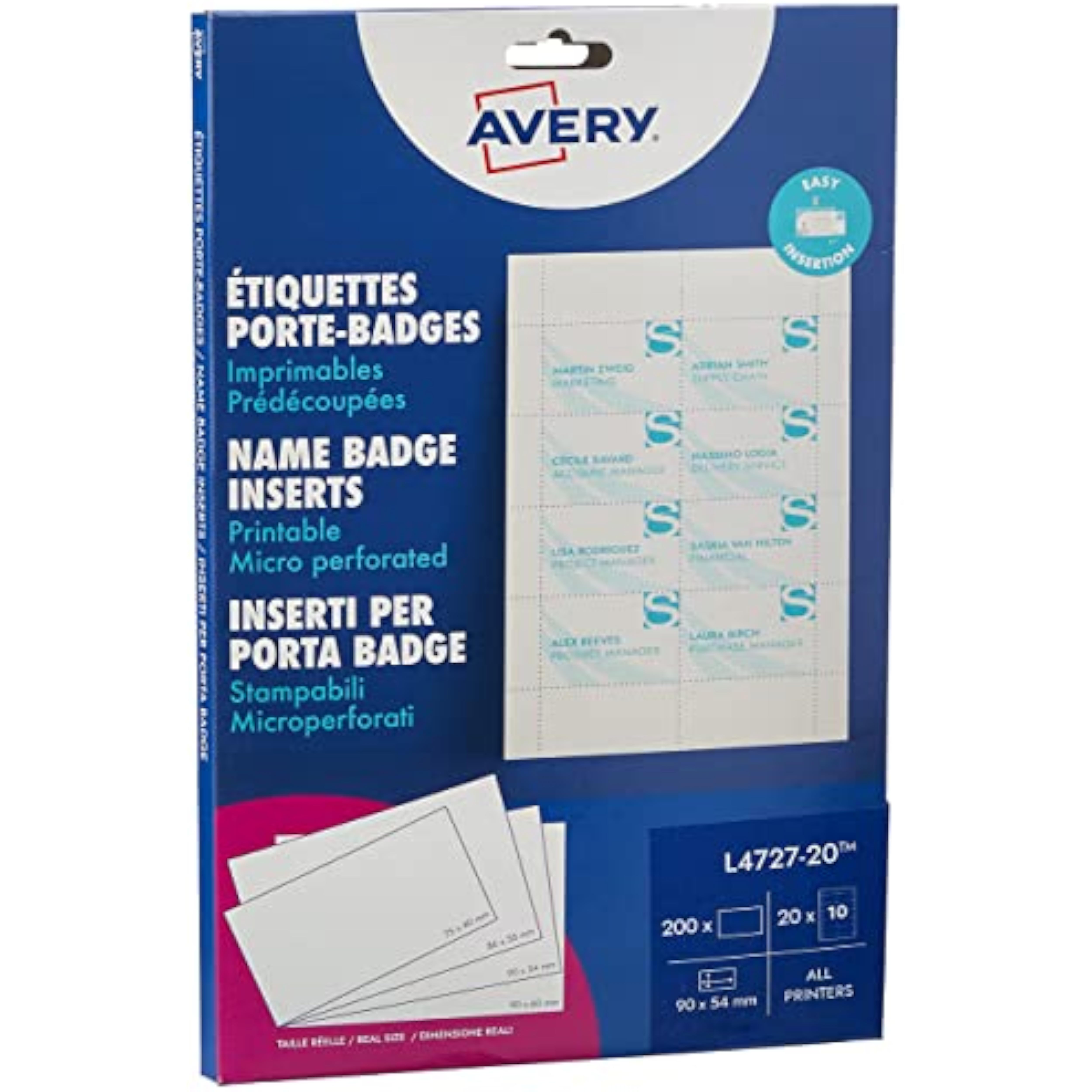 Avery Printable Name Badge Insert Refills (90 x 54 mm Inserts) - White, Pack of 200