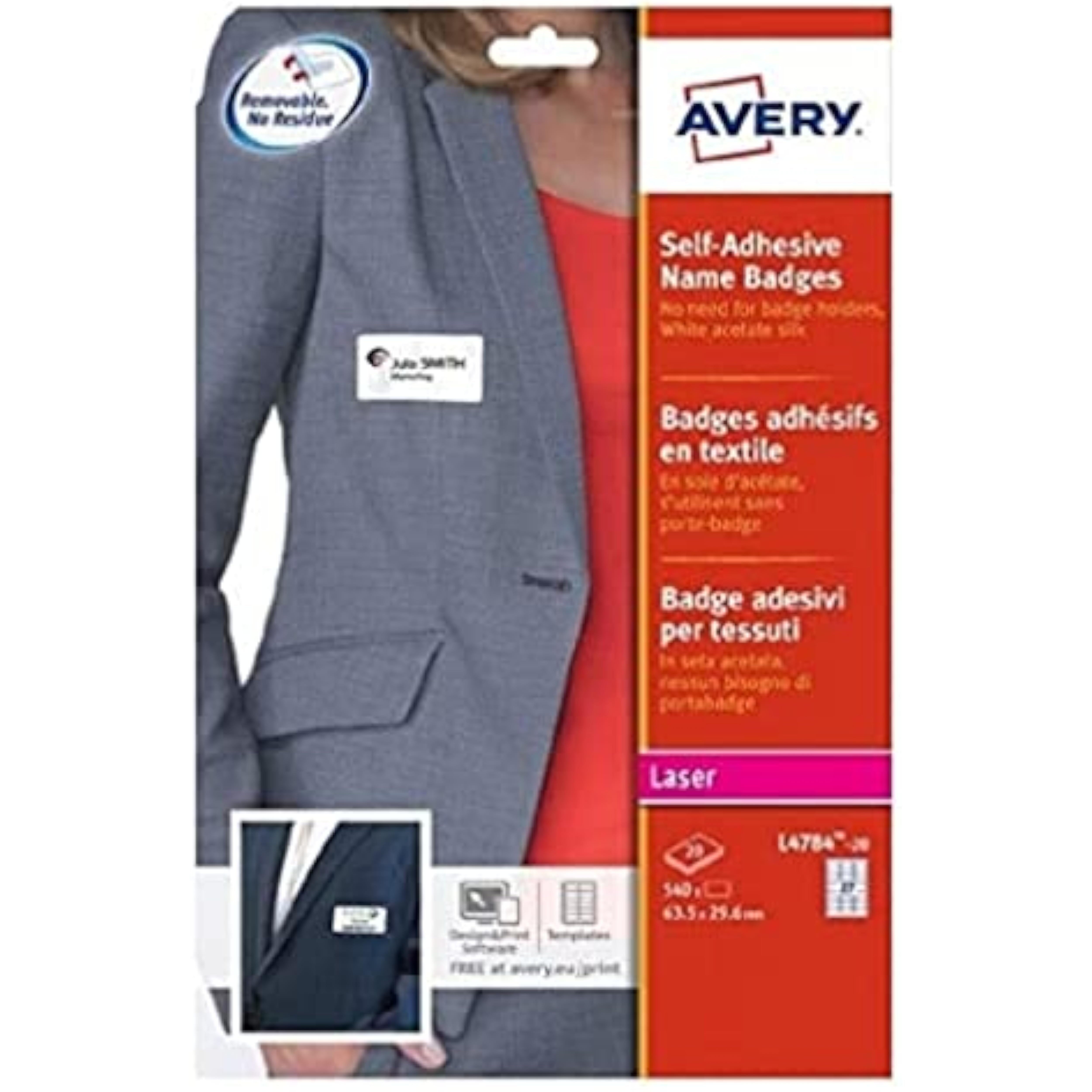 Avery L4784-20 Self-Adhesive Repositionable Name Badge Labels, 27 Labels Per A4 Sheet - Blue Border,White,63,5 x 29,6 mm